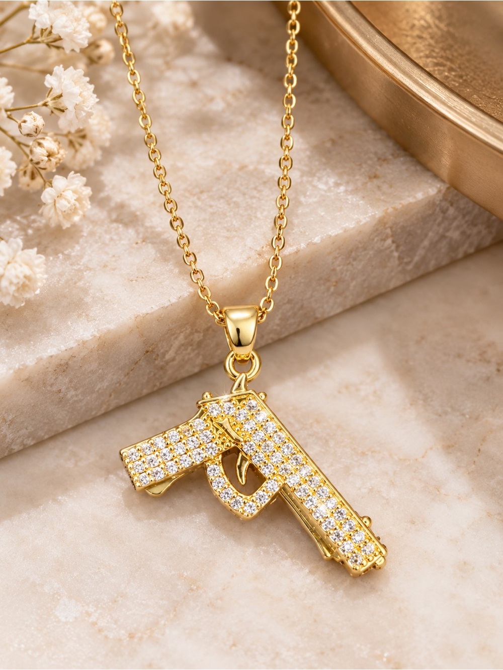 Gold Tone Rhinestone Pistol Pendant Statement Necklace Bling Chain